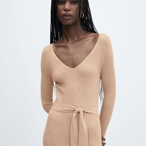 ASOS Mango Bow embellished Dress knitted Ribbed Midi belted Cream tan camel Sz L - Picture 5 of 16